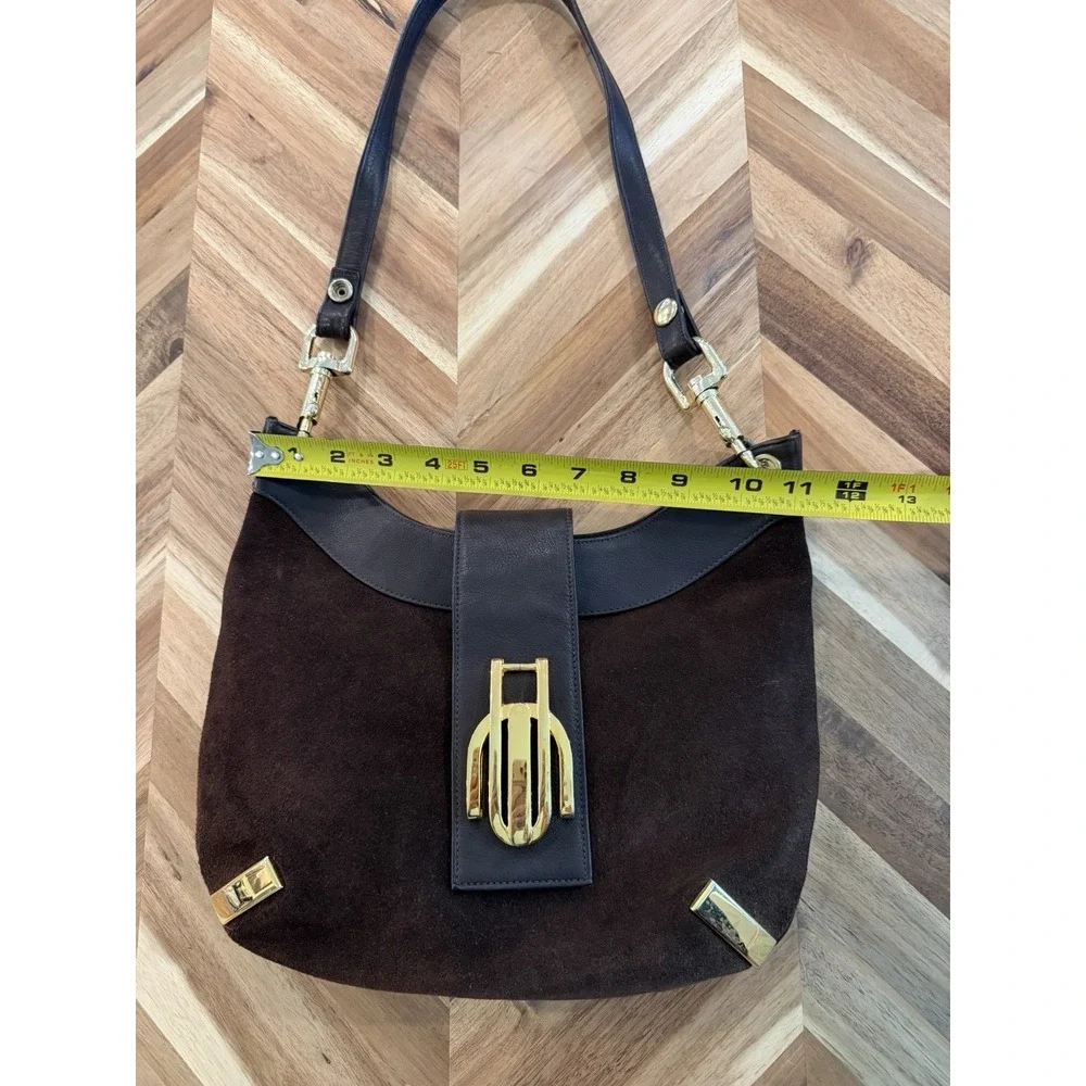 Vintage Susan Gail Brown Suede Hobo Shoulder Bag Purse Crescent Gold Hardware